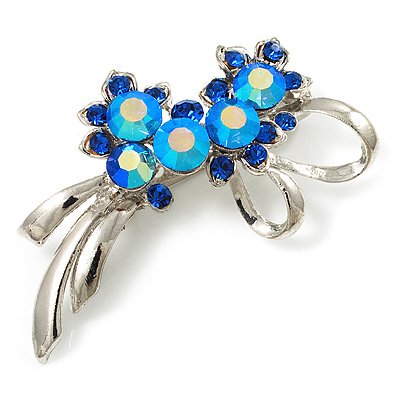 Rhodium Plated AB Crystal Floral Brooch (Navy&Sky Blue) - main view