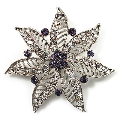 Delicate Violet Diamante Filigree Floral Brooch (Silver Tone) - main view