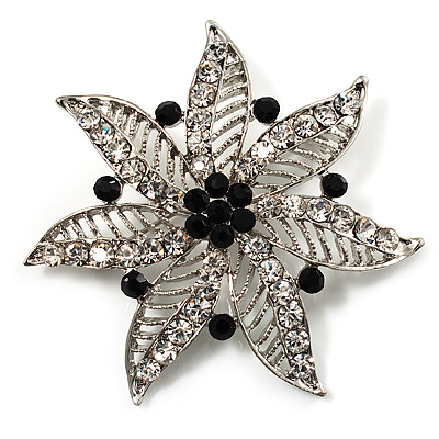 Delicate Black Diamante Filigree Floral Brooch (Silver Tone) - main view