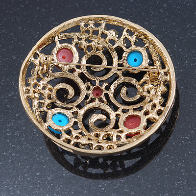 - 67mm Diameter Crystal Brooch Avalaya Large Vintage Round Turquoise Stone Gold Tone