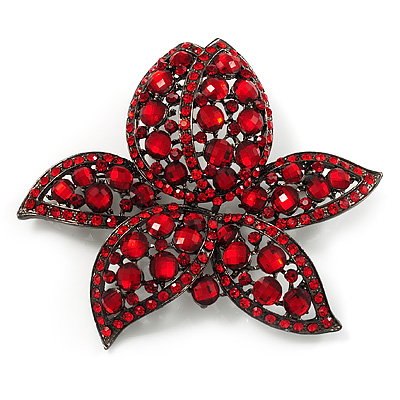 Large Ruby Red Coloured Diamante Floral Brooch/ Pendant (Gun Metal Finish) - main view