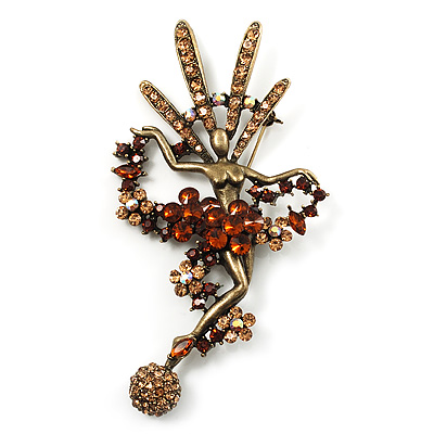 Gigantic 'Brazilian Carnival Dancer' Crystal Brooch (Bronze Tone & Amber Coloured) - main view