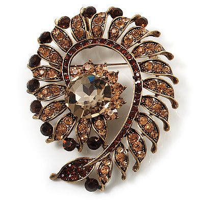 Oversized Amber Coloured Crystal Twirl Brooch/ Pendant (Antique Gold Metal Finish) - main view