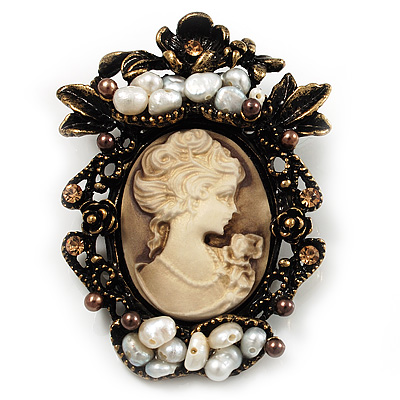 Bronze Tone Vintage Freshwater  Simulated Pearl Cameo Brooch - main view