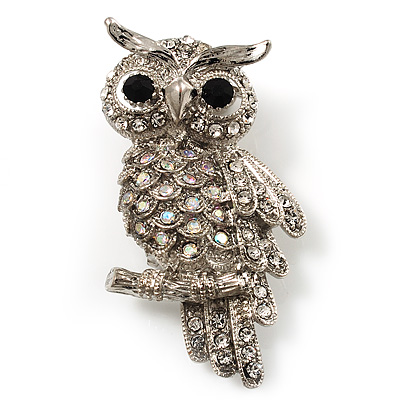 Clear Diamante Owl Brooch/ Pendant (Silver Tone) - main view