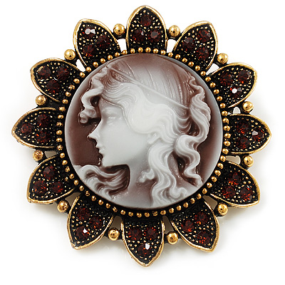 Vintage Amber Coloured Crystal Cameo Brooch (Antique Gold & Beige) - main view