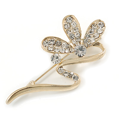 Gold Plated Diamante Floral Brooch - main view