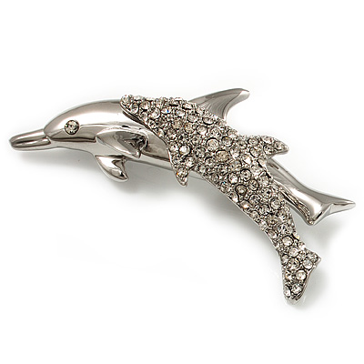 Silver Plated Crystal 'Mother & Baby Dolphin' Brooch