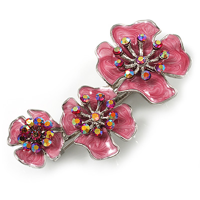 Pink Enamel Diamante Flower Brooch (Silver Tone) - main view