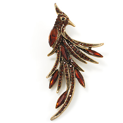 Sparkling Amber Coloured Crystal Fire-Bird Brooch (Antique Gold Tone) - main view