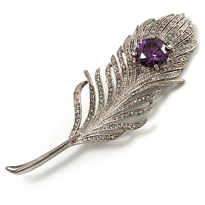 Large Swarovski Crystal Peacock Feather Silver Tone Brooch (Clear & Purple) - 11.5cm Length - main view