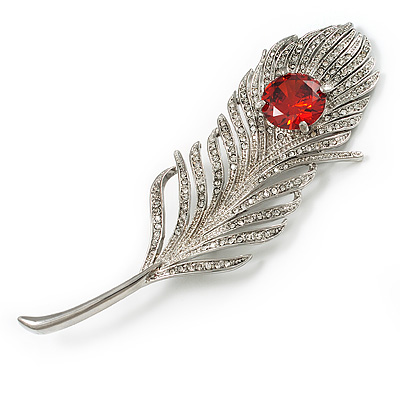 Large Swarovski Crystal Peacock Feather Silver Tone Brooch (Clear & Carrot Red) - 11.5cm Length - main view
