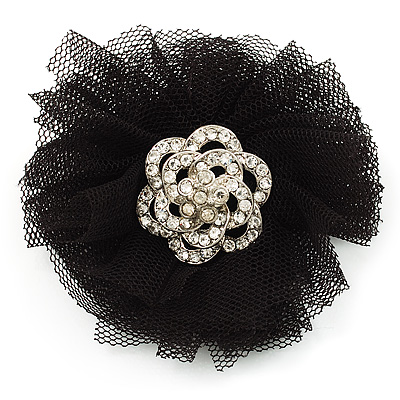Black Crystal Net Floral Brooch