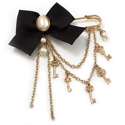 'Bow, Tassel, Key & Simulated Pearl Bead' Charm Gold Tone Safety Pin Brooch (Catwalk - 2014) - main view