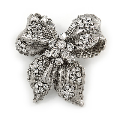 Small Vintage Diamante Bow Brooch (Burn Silver Finish) - main view