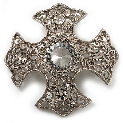 Vintage Filigree Swarovski Crystal Cross Brooch (Silver Tone) - main view