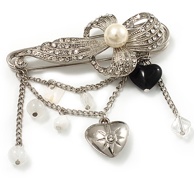 'Simulated Pearl Flower, Heart & Acrylic Bead' Charm Safety Pin Brooch (Silver Tone) - main view