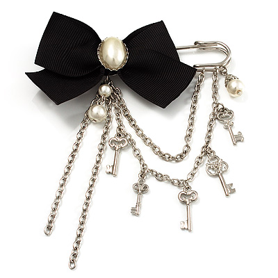 'Bow, Tassel, Key & Simulated Pearl Bead' Charm Silver Tone Safety Pin Brooch (Catwalk - 2014) - main view