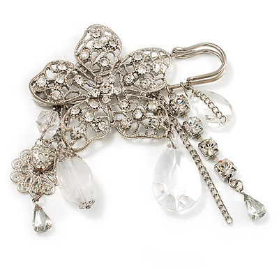 'Filigree Flower, Crystal Tassel & Acrylic Bead' Charm Safety Pin Brooch (Silver Tone) - main view