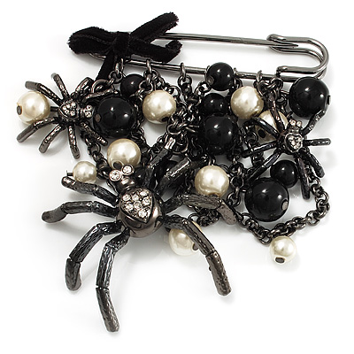 'Spider, Chain & Bead' Charm Safety Pin Brooch (Gun Metal Finish) - Catwalk - 2014 - main view