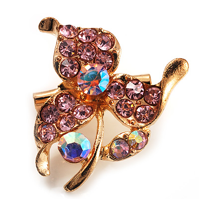 Tiny Light Pink Crystal Clover Pin Brooch (Gold Tone) - main view