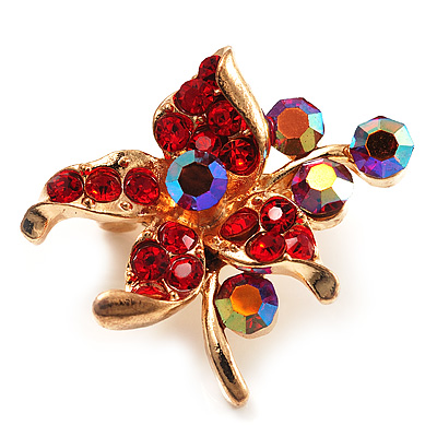Tiny Red Crystal Flower Pin Brooch (Gold Tone) - main view