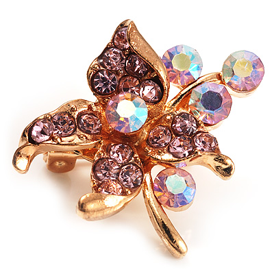 Tiny Light Pink Crystal Flower Pin Brooch (Gold Tone) - main view