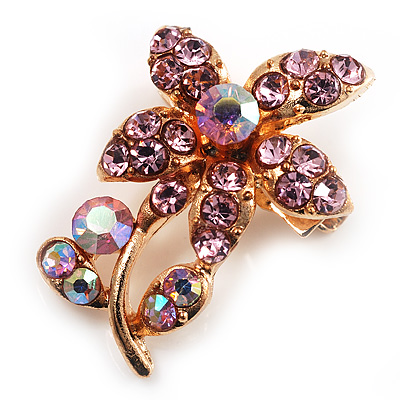 Tiny Light Pink Crystal Floral Pin Brooch (Gold Tone) - main view