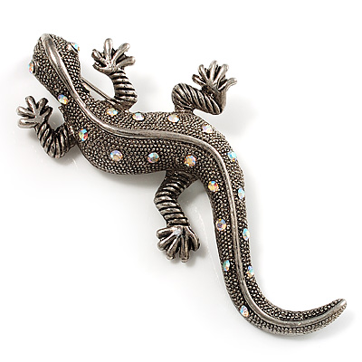 Large Vintage Diamante Lizard Brooch (Silver Tone)