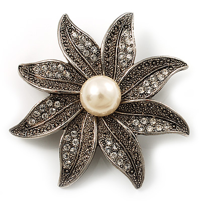 Antique Silver Simulated Pearl Crystal Flower Brooch - main view