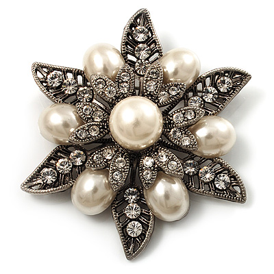 Vintage Filigree Imitation Pearl Crystal Floral Brooch - main view