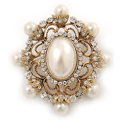 Antique Gold Filigree Light Cream Simulated Pearl Corsage Brooch - 60mm L - main view