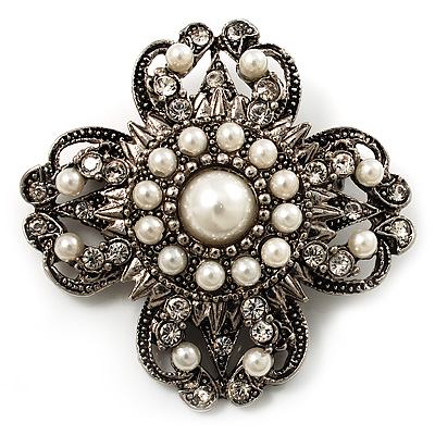 Vintage Filigree Simulated Pearl Cross Brooch (Antique Silver) - main view