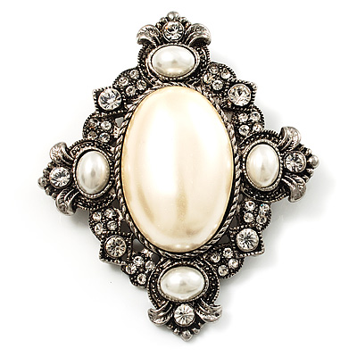 Vintage Oval Simulated Pearl Diamante Brooch (Antique Silver) - main view