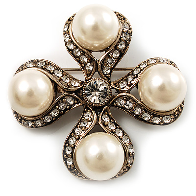 Vintage Imitation Pearl Crystal Cross Brooch (Antique Gold) - main view