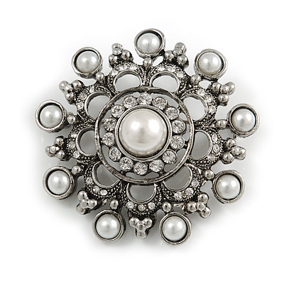 Antique Silver Filigree Simulated Pearl Corsage Brooch - main view