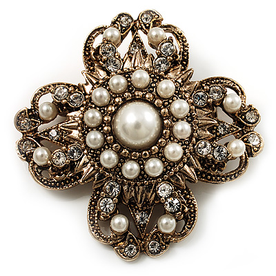 Vintage Filigree Simulated Pearl Cross Brooch (Antique Gold) - main view