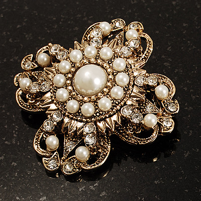 Vintage Wedding Imitation Pearl Crystal Brooch (Burn Gold Tone)