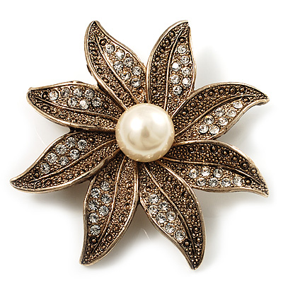 Antique Gold Simulated Pearl Crystal Flower Brooch - main view