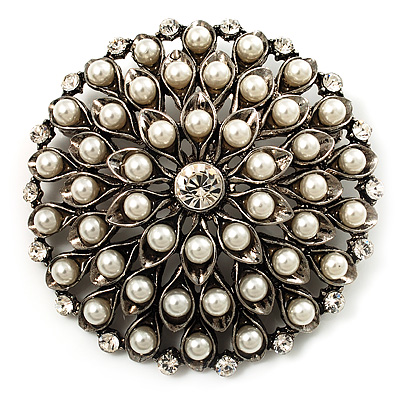 Vintage Simulated Pearl Dome Shape Brooch (Antique Silver) - main view