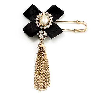 Crystal Tassel Silk Bow Safety Pin Brooch (Gold Plated ) - main view