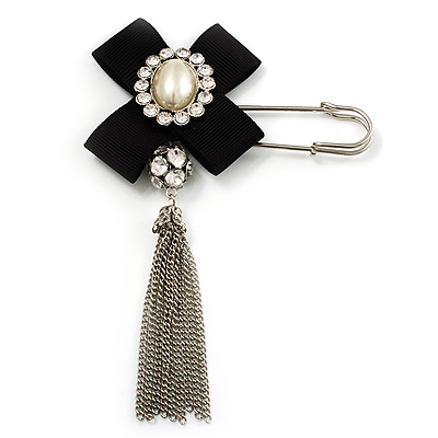 Crystal Tassel Silk Bow Safety Pin Brooch (Silver Plated ) - main view
