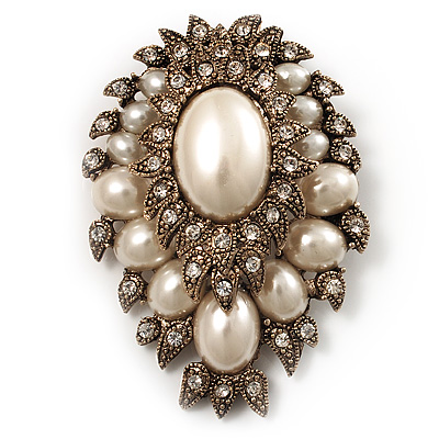 Oversized Vintage Corsage Imitation Pearl Brooch (Antique Gold) - main view