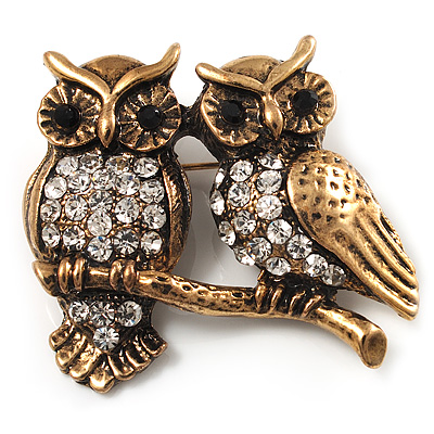 Two Crystal Sitting Owls Brooch (Antique Gold Tone) - main view