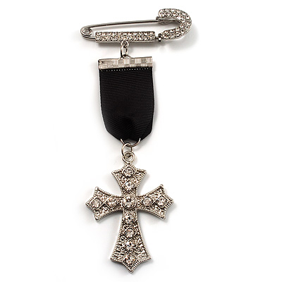 Medal Style Diamante Cross Charm Brooch (Silver Tone) - main view