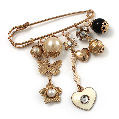 'Heart, Butterfly, Flower & Bead' Charm Safety Pin (Gold Tone)