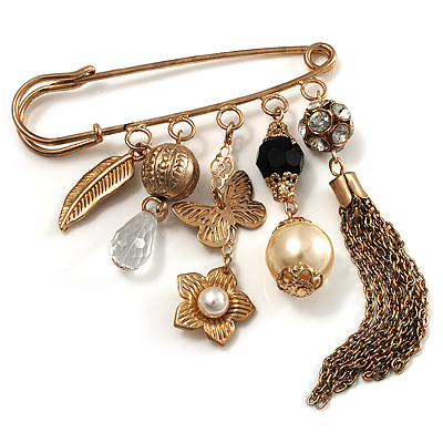 'Tassel, Leaf, Butterfly, Flower & Bead' Charm Safety Pin (Gold Tone) - main view