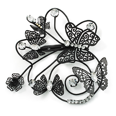 Oversized Black Crystal Filigree Flower And Butterfly Crystal Brooch (Catwalk - 2014) - main view