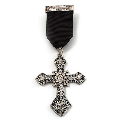 Vintage Crystal Cross Charm Brooch (Antique Silver Tone) - main view