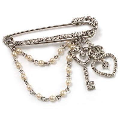 'Heart, Crown, Key & Simulated Pearl Chain' Charm Diamante Safety Pin Brooch (Silver Tone) - main view
